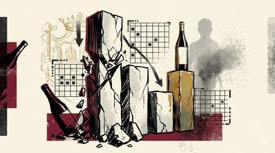 Brutalistische illustratie van een gefragmenteerde stenen staafgrafiek, één kolom stort in scherven terwijl een kleinere vergulde kolom met intacte wijnfles oprijst — metafoor voor wijnmarkt 2026.