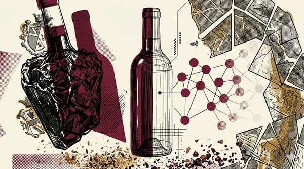 Brutalist illustratie: een massieve wijnfles half als zware vorm, half als wireframe, boven een gedeeltelijk gevuld supply-chain-netwerk en een gefragmenteerde Italiaanse vineyard-kaart