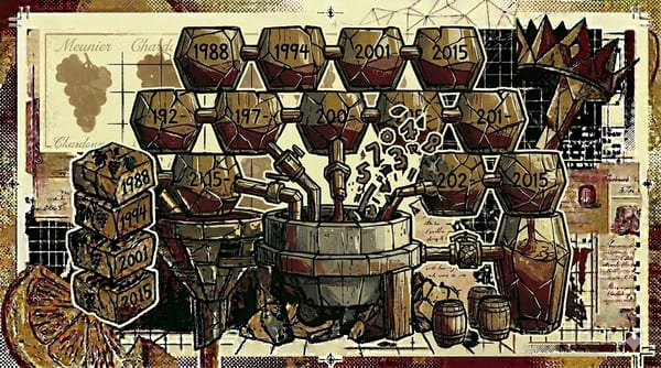 Solera-achtige stapel van vaten die in centrale assemblage-vat stromen, met jaartal-fragmenten, brutalistische compositie