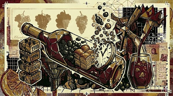 Doorsnede van een Champagnefles op zijn kant met gistcellen die in textuur uiteenvallen, brutalistische compositie