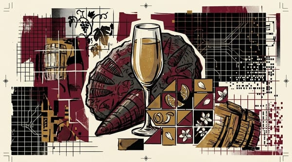Blanc de Blancs glas met krijtige Côte des Blancs op de achtergrond, brutalistische compositie