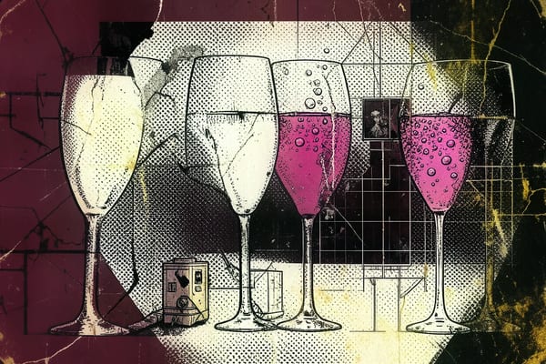 Acht champagneflessen op rij, van Brut Nature tot Rosé, in editorial brutalist stijl