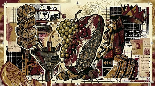 Druiventros gefuseerd met blok belemniet-krijt, fossielen zichtbaar in het krijt, brutalistische compositie