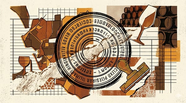 Editorial brutalist illustratie van een Consejo Regulador-stempel: een gefragmenteerde driehoek van krijtwit albariza-gesteente, doorsneden door een genummerde contra-etiket-band, met silhouetten van solera-vaten op de hoeken
