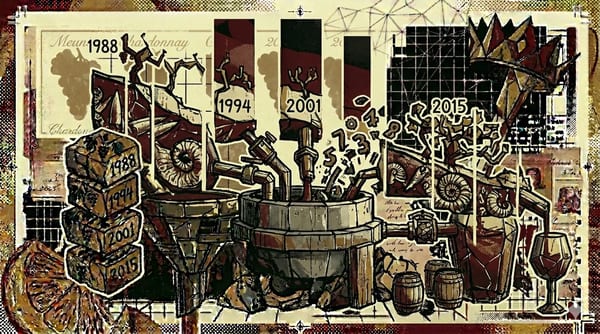 Wijngaarden van de Côte des Blancs op krijtbodem, brutalistische landschapscompositie