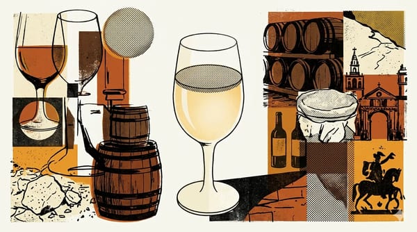 Editorial brutalist illustratie van een copita met fino sherry, met een witte flor-disc als geometrisch fragment, in bordeauxrood, crème en oxidatief goud