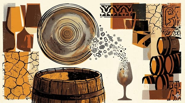 Editorial brutalist illustratie van een witte gistlaag op sherry in een Amerikaans eiken vat, fragmenten en geometrische vormen in bordeauxrood en crème