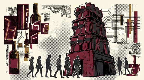 Brutalistische toren van gestapelde wijnglazen en gebroken cocktailshakers met halftone-silhouetten