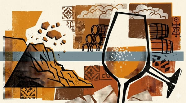 Editorial brutalist illustratie van een glas Manzanilla op een gebroken zeewering, kamillebloesem en zoutkristallen in bordeauxrood, crème en oxiderend goud