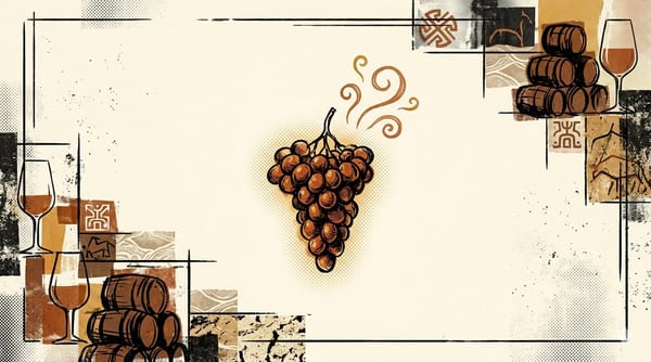 Editorial brutalist illustratie van een Moscatel-druiventros boven zandige arenas-grond, met een Atlantische horizon en gefragmenteerde sherrybarrels in bordeauxrood, crème en oxidegoud