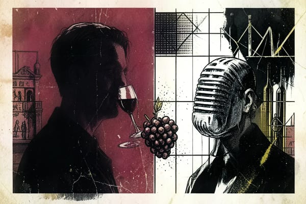 Tweeluik portret van wijnjournalist en podcasthost, editorial brutalist stijl