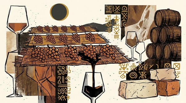Editorial brutalist illustratie van Pedro Ximénez druiven die drogen op esparto-matten onder de Andalusische zon