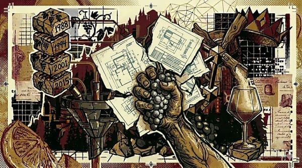 Boerenhand die een Meunier-tros terugneemt van afgescheurde minachtende blauwdrukken, molenblad dat in wijnglas verandert, brutalistische compositie