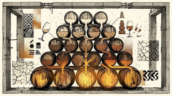 Editorial brutalist illustratie van gestapelde sherry-vaten in een Jerez bodega met de solera op de grond en criaderas erboven
