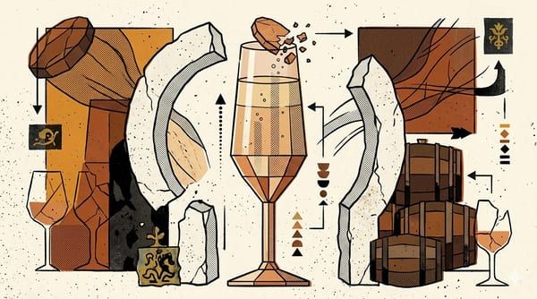 Brutalistische illustratie van een palomino-druif die opensplijt met opstijgende bubbels boven albariza-bodem