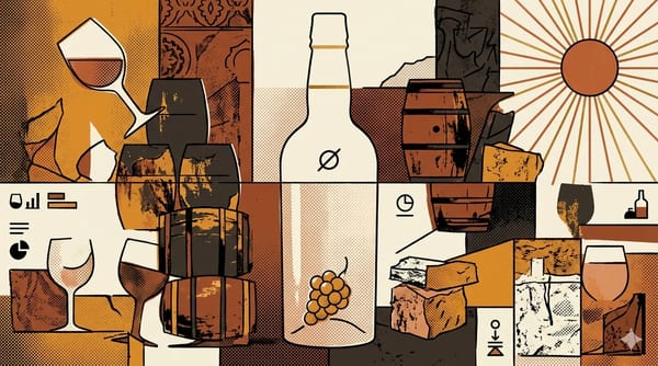 Editorial brutalist illustratie van een gefragmenteerde sherryfles waaruit een witte wijnglas oprijst boven krijtwit albariza-gesteente, doorsneden door een halftoon-rasterband