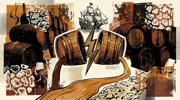 Editorial brutalist illustratie van een sherry-bota met druivendistillaat dat in een wijnvat valt, halftoonpatronen en oxiderend goud