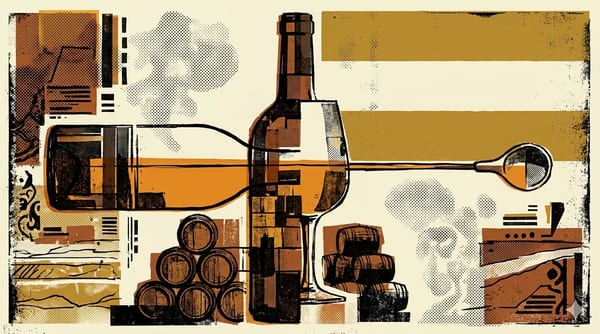 Brutalistische editorial illustratie van een sherryvat doorsneden door krijtwitte albariza-grond met flor-yeast als geometrische laag bovenop