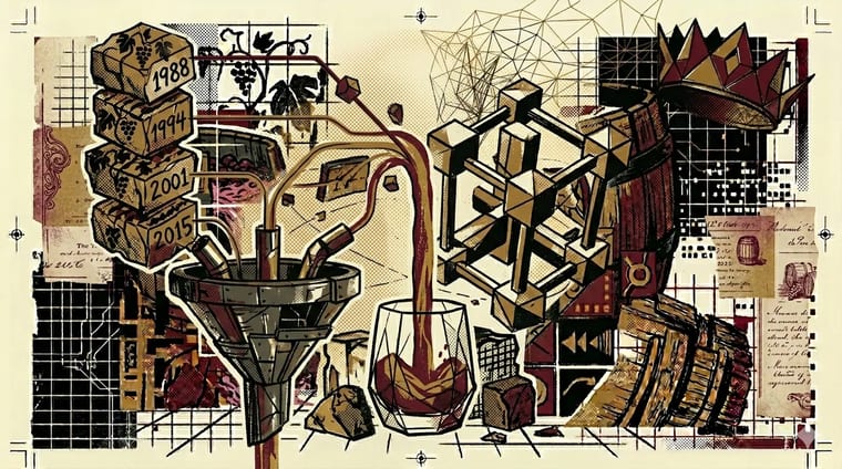Verticale kolom van gestapelde wijngaardpercelen met jaartallen, brutalistische compositie